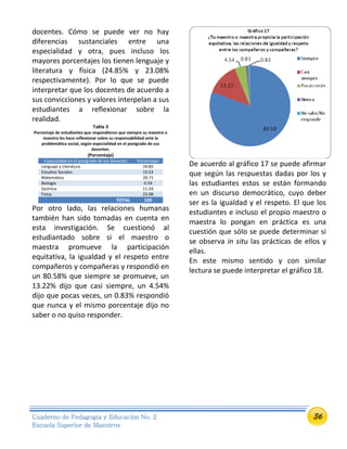36Cuaderno de Pedagogía y Educación No. 2
Escuela Superior de Maestros
docentes. Cómo se puede ver no hay
diferencias sustanciales entre una
especialidad y otra, pues incluso los
mayores porcentajes los tienen lenguaje y
literatura y física (24.85% y 23.08%
respectivamente). Por lo que se puede
interpretar que los docentes de acuerdo a
sus convicciones y valores interpelan a sus
estudiantes a reflexionar sobre la
realidad.
Tabla 3
Porcentaje de estudiantes que respondieron que siempre su maestro o
maestra les hace reflexionar sobre su responsabilidad ante la
problemática social, según especialidad en el postgrado de sus
docentes.
(Porcentaje)
Especialidad en el postgrado de sus docentes Porcentajes
Lenguaje y Literatura 24.85
Estudios Sociales 19.53
Matemática 20.71
Biología 0.59
Química 11.24
Física 23.08
TOTAL 100
Por otro lado, las relaciones humanas
también han sido tomadas en cuenta en
esta investigación. Se cuestionó al
estudiantado sobre si el maestro o
maestra promueve la participación
equitativa, la igualdad y el respeto entre
compañeros y compañeras y respondió en
un 80.58% que siempre se promueve, un
13.22% dijo que casi siempre, un 4.54%
dijo que pocas veces, un 0.83% respondió
que nunca y el mismo porcentaje dijo no
saber o no quiso responder.
De acuerdo al gráfico 17 se puede afirmar
que según las respuestas dadas por los y
las estudiantes estos se están formando
en un discurso democrático, cuyo deber
ser es la igualdad y el respeto. El que los
estudiantes e incluso el propio maestro o
maestra lo pongan en práctica es una
cuestión que sólo se puede determinar si
se observa in situ las prácticas de ellos y
ellas.
En este mismo sentido y con similar
lectura se puede interpretar el gráfico 18.
 
