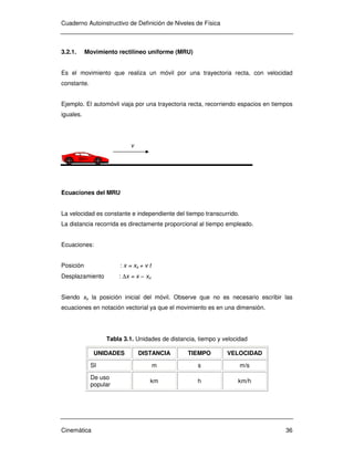 Cuaderno Autoinstructivo de Definición de Niveles de Física
Cinemática 36
3.2.1. Movimiento rectilíneo uniforme (MRU)
Es el movimiento que realiza un móvil por una trayectoria recta, con velocidad
constante.
Ejemplo. El automóvil viaja por una trayectoria recta, recorriendo espacios en tiempos
iguales.
v
Ecuaciones del MRU
La velocidad es constante e independiente del tiempo transcurrido.
La distancia recorrida es directamente proporcional al tiempo empleado.
Ecuaciones:
Posición : x = xo + v t
Desplazamiento : ∆x = x − xo
Siendo xo la posición inicial del móvil. Observe que no es necesario escribir las
ecuaciones en notación vectorial ya que el movimiento es en una dimensión.
Tabla 3.1. Unidades de distancia, tiempo y velocidad
UNIDADES DISTANCIA TIEMPO VELOCIDAD
SI m s m/s
De uso
popular
km h km/h
 