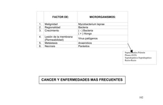 FACTOR DE: MICRORGANISMOS:
1. Malignidad Mycobacterium leprae
2. Regionalidad Bacteria
3. Crecimiento ( - ) Bacteria
( + ) Hongo
4. Lesión de la membrana
(Permeabilidad)
Virus patógenos
5. Metástasis Anaerobios
6. Necrosis Parásitos
CANCER Y ENFERMEDADES MAS FRECUENTES
102
Suprarrenales-Pulmón
Pleura (D/D)
Suprahepático-Suprahepático
Recto-Recto
 