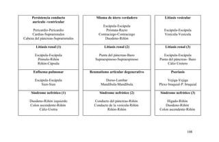 Persistencia conducto
aurículo -ventricular
Pericardio-Pericardio
Cardias-Suprarrenales
Cabeza del páncreas-Suprarrenales
Mioma de útero verdadero
Escápula-Escápula
Próstata-Recto
Contraciego-Contraciego
Duodeno-Riñón
Litiasis vesicular
Escápula-Escápula
Vesícula-Vesícula
Litiasis renal (1)
Escápula-Escápula
Pómulo-Riñón
Riñón-Cápsula
Litiasis renal (2)
Punta del páncreas-Bazo
Supraespinoso-Supraespinoso
Litiasis renal (3)
Escápula-Escápula
Punta del páncreas- Bazo
Cáliz-Uretero
Enfisema pulmonar
Escápula-Escápula
Sien-Sien
Reumatismo articular degenerativo
Dorso-Lumbar
Mandíbula-Mandíbula
Psoriasis
Vejiga-Vejiga
Plexo braquial-P. braquial
Síndrome nefrótico (1)
Duodeno-Riñón izquierdo
Colon ascendente-Riñón
Cáliz-Uretra
Síndrome nefrótico (2)
Conducto del páncreas-Riñón
Conducto de la vesícula-Riñón
Riñón-Riñón
Síndrome nefrótico (3)
Hígado-Riñón
Duodeno-Riñón
Colon ascendente-Riñón
108
 