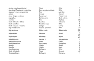 Amibas / Amebiasis intesinal Píloro Riñón P
Ana Alicia / Taquicardia inespecífica Seno aurículo-ventricular Riñón E
Ángeles / Inmuno competencia Timo Apéndice E
Ántrax Craneal Craneal B
Asma alérgica verdadera Suprarrenal Todo el frente A
Aspergillus Canto externo Canto externo H
Avaricia Timo Hipófisis PE
Bacilo difteroide / Difteria Subclavia Subclavia B
Bacilo paratífico Trocánter mayor Riñón B
Bacilo pertussis / Tosferina Laringe Laringe B
Baja el ácido úrico Cola del páncreas Riñón AP
Baja la glucosa Glúteo medio Glúteo medio
E/
AP
Bajar de peso Páncreas Hígado
E/
AP
Bajar de peso Estómago Hígado
E/
AP
Balantidium tifo. Cervical 3 Supraespinoso P
Blastosistis hominis Cuello Cuello H
Bordetella pertusis Contraciego Contraciego B
Borrelia Hígado Costal B
Brucella Hígado Bazo B
Brucella abortus Diafragma Riñón B
Caída del cabello Pineal Cerebelo AP
Cándida albicans Diafragma Diafragma H
 