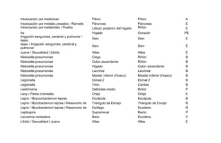Intoxicación por medicinas Píloro Píloro A
Intoxicación por metales pesados / Ramsés Páncreas Páncreas E
Intoxicación por metaloides / Puebla Lóbulo posterior del hígado Riñón E
Ira Hígado Corazón PE
Irrigación sanguínea, cerebral y pulmonar /
Isaac
Sien Sien E
Isaac / Irrigación sanguínea, cerebral y
pulmonar
Sien Sien E
Juana / Sexualidad / Libido Atlas Atlas E
Klebsiella pneumoniae Ciego Riñón B
Klebsiella pneumoniae Colon ascendente Riñón B
Klebsiella pneumoniae Hígado Colon ascendente B
Klebsiella pneumoniae Lacrimal Lacrimal B
Klebsiella pneumoniae Maxilar inferior (Hueco) Maxilar inferior (Hueco) B
Legionella Dorsal 2 Dorsal 2 B
Legionella Timo Cardias B
Leishmania Deltoides medio Riñón P
Leny / Pares craneales Oreja Oreja E
Lepra / Muycocbacterium leprae Escápula Escápula B
Lepra / Mycobacterium leprae / Reservorio de Triángulo de Escapi Triángulo de Escapi R
Lepra / Mycobacterium leprae / Reservorio de Esófago Duodeno R
Leptospira Suprarrenal Recto P
Leucemia verdadera Bazo Duodeno V
Líbido / Sexualidad / Juana Atlas Atlas E
 