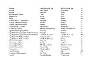 Micosis Dedo gordo del pie Dedo gordo del pie H
Micosis Dedo medio Dedo medio H
Micosis Duodeno Vejiga H
Micosis (varios hongos) Tibia Tibia H
Microsporum Radio Radio H
Miedo Rótula Rótula PE
Mononucleosis / Eipsten-Barr Occipital Occipital V
Moquillo / Distemper canino Parietal Parietal V
Moquillo / Distemper canino Lengua Mandíbula V
Morganella tifo / Tifoidea Perihepático Perihepático B
Mucobacter cloacae Maxilar inferior (Hueco) Maxilar inferior (Hueco) B
Mycobacterium leprae / Lepra Escápula Escápula B
Mycobacterium leprae / Lepra / Reservorio de Esófago Duodeno R
Mycobacterium leprae / Lepra / Reservorio de Triángulo de Escapi Triángulo de Escapi AP
Mycobacterium T / Tuberculosis Supraespinoso Supraespinoso B
Mycobacterium T / Tuberculosis Conducto deferente Laringe B
Neisseria catarrhallis Párpado Párpado B
Neisseria gonorrhoeae Lumbar 4 Lumbar 4 B
Neisseria gonorrhoeae Mandíbula / Barba Mandíbula / Barba B
Neocardia americana Preauricular Preauricular B
Neumococo Hueco poplíteo Hueco poplíteo B
Neurosis crítica Ceja Ceja PE
New castle / Influenza aviar Cerebelo Bulbo raquídeo V
Norwalk Saco de Douglas Vena femoral V
 