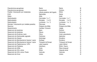 Pseudomona aeruginosa Recto Recto B
Pseudomona aeruginosa Suprarrenal Pulmón B
Puebla / Intoxicación por metaloides Lóbulo posterior del hígado Riñón E
R-40 Sigmoides Recto V
Rabia Axila Axila V
Radiculopatía Cervicales 1 a 7 Cervicales 1 a 7 A
Radiculopatía Dorsales 1 a 12 Dorsales 1 a 12 A
Radiculopatía Lumbares 1 a 5 Lumbares 1 a 5 A
Ramsés / Intoxicación por metales pesados Páncreas Páncreas E
Reovirus Polígono de Willis Polígono de Willis V
Resentimiento Cardias / Corazón Vejiga PE
Reservorio de bacterias Bazo Pulmón R
Reservorio de bacterias Pleura Peritoneo R
Reservorio de Enolimax naná Píloro Colon ascendente R
Reservorio de Gardnerella vaginalis Peritoneo Apéndice R
Reservorio de Herpes Estómago Duodeno R
Reservorio de Mycobacterium leprae / Lepra Esófago Duodeno R
Reservorio de Mycobacterium leprae / Lepra Triángulo de Escapi Triángulo de Escapi R
Reservorio de Papilomavirus / VPH Labio superior Labio inferior R
Reservorio de Parásitos Interilíaco Riñón / Sacro R
Reservorio de Sífilis Codo Plexo braquial R
Reservorio de VIH y otros Riñón Cápsula renal R
Reservorio de VIH y otros. Prada Vesícula Vesícula R
Reservorio de Virus Uretra Uretra R
 