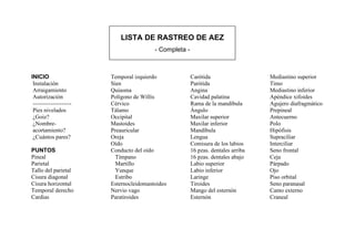 LISTA DE RASTREO DE AEZ
- Completa -
INICIO
Instalación
Arraigamiento
Autorización
--------------------
Pies nivelados
¿Goiz?
¿Nombre-
acortamiento?
¿Cuántos pares?
PUNTOS
Pineal
Parietal
Tallo del parietal
Cisura diagonal
Cisura horizontal
Temporal derecho
Cardias
Temporal izquierdo
Sien
Quiasma
Polígono de Willis
Cérvico
Tálamo
Occipital
Mastoides
Preauricular
Oreja
Oído
Conducto del oído
Tímpano
Martillo
Yunque
Estribo
Esternocleidomastoideo
Nervio vago
Paratiroides
Carótida
Parótida
Angina
Cavidad palatina
Rama de la mandíbula
Ángulo
Maxilar superior
Maxilar inferior
Mandíbula
Lengua
Comisura de los labios
16 pzas. dentales arriba
16 pzas. dentales abajo
Labio superior
Labio inferior
Laringe
Tiroides
Mango del esternón
Esternón
Mediastino superior
Timo
Mediastino inferior
Apéndice xifoides
Agujero diafragmático
Prepineal
Antecuerno
Polo
Hipófisis
Supraciliar
Interciliar
Seno frontal
Ceja
Párpado
Ojo
Piso orbital
Seno paranasal
Canto externo
Craneal
 