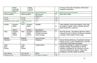 Muslo
Pantorrilla
Dedo GP
Muslo
Pantorrilla
Dedo GP
nerviosa. Dolor bajo de espalda. Deformación
congénita intrauterina
Músculo cavernoso Músculo cavernoso Mal de Parkinson AP Disminuyen los movimientos
Hueco poplíteo Hueco poplíteo Neumococo
Neumonía
B Atrás de la rodilla
Rótula Rótula Miedo PE
Rodilla Rodilla (¿?) AP
Ligamentos de la rodilla Ligamentos de la
rodilla
(¿?) AP
Aquiles Superior
Medio
Aquiles Superior
Medio
Shigella
B
Falsa diabetes. Falsa salmonellosis. Dolor bajo
de espalda. Cefalea. Fiebre. Malestar general.
Agua de garrafón y albercas
Inferior Inferior Micoplasma H
Tibia Superior
Media
Inferior
Tibia Superior
Media
Inferior
Malassezia furfur
Pitiriasis versicolor
Varios hongos
H Entre las piernas. Escarlatina. Manchas cafés y
rojizas de la piel. Comezón. Problemas vaginales
y rectales. Hemorroides. Piedra negra
Maleólo Maleólo Varios hongos H
Calcáneo Calcáneo Rickettsia B Checar Muñeca-Muñeca y Cuadrado-Cuadrado.
Pulgas de perro y gato. Debilitamiento muscular
y de piernas. Dolor bajo de espalda
Talón
Bola
Plantar
Talón
Bola
Plantar
Guillain-Barré V Checar Pineal-Bulbo R.- Bulbo R.-Cerebelo.
Parietal-Parietal, Parietal-Bulbo R. Mortal.
Parálisis y debilidad de los miembros y de los
músculos respiratorios. Mareo. Fatiga. Muy
contagioso. Cambiar cepillo de dientes
Arco del pie Arco del pie Ébola V
Metatarsos (5) Metatarsos (5) Pie plano. Espolón AP
43
 