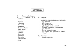 DEPRESION
I. Rastrear todos los pares
II. Preguntar si es
problema:
- Espiritual
- Psicológico
- Emocional
- Autoestima
- Obsesión / Manía
- Miedo / Fobia
- Hormonal
- Genético
- Demoníaco
- Mal de ojo
- Económico
- Vidas pasadas
- Alma
III. Preguntar:
- Si comenzó antes o después del nacimiento
- ¿En el óvulo?
- ¿En el esperma?
- ¿En la concepción?
- ¿En el cigoto-mórula-embrión?
- ¿Durante el embarazo? ¿En qué mes?
- ¿En el parto?
- ¿En las siguientes horas?
- ¿En que año, mes, quincena, día, AM-PM,
hora ?
IV. Preguntar:
- ¿Quién lo provocó?
68
 