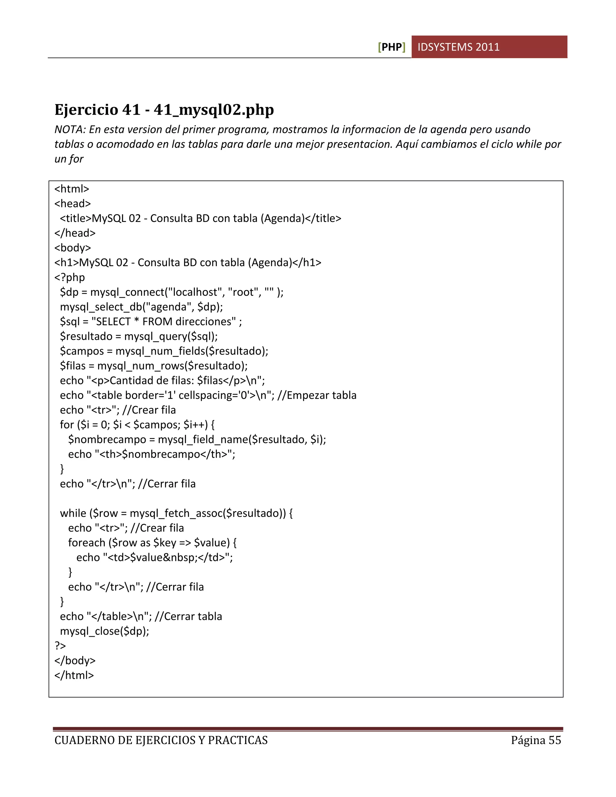 [PHP] IDSYSTEMS 2011
CUADERNO DE EJERCICIOS Y PRACTICAS Página 55
Ejercicio 41 - 41_mysql02.php
NOTA: En esta version del primer programa, mostramos la informacion de la agenda pero usando
tablas o acomodado en las tablas para darle una mejor presentacion. Aquí cambiamos el ciclo while por
un for
<html>
<head>
<title>MySQL 02 - Consulta BD con tabla (Agenda)</title>
</head>
<body>
<h1>MySQL 02 - Consulta BD con tabla (Agenda)</h1>
<?php
$dp = mysql_connect("localhost", "root", "" );
mysql_select_db("agenda", $dp);
$sql = "SELECT * FROM direcciones" ;
$resultado = mysql_query($sql);
$campos = mysql_num_fields($resultado);
$filas = mysql_num_rows($resultado);
echo "<p>Cantidad de filas: $filas</p>n";
echo "<table border='1' cellspacing='0'>n"; //Empezar tabla
echo "<tr>"; //Crear fila
for ($i = 0; $i < $campos; $i++) {
$nombrecampo = mysql_field_name($resultado, $i);
echo "<th>$nombrecampo</th>";
}
echo "</tr>n"; //Cerrar fila
while ($row = mysql_fetch_assoc($resultado)) {
echo "<tr>"; //Crear fila
foreach ($row as $key => $value) {
echo "<td>$value&nbsp;</td>";
}
echo "</tr>n"; //Cerrar fila
}
echo "</table>n"; //Cerrar tabla
mysql_close($dp);
?>
</body>
</html>
 