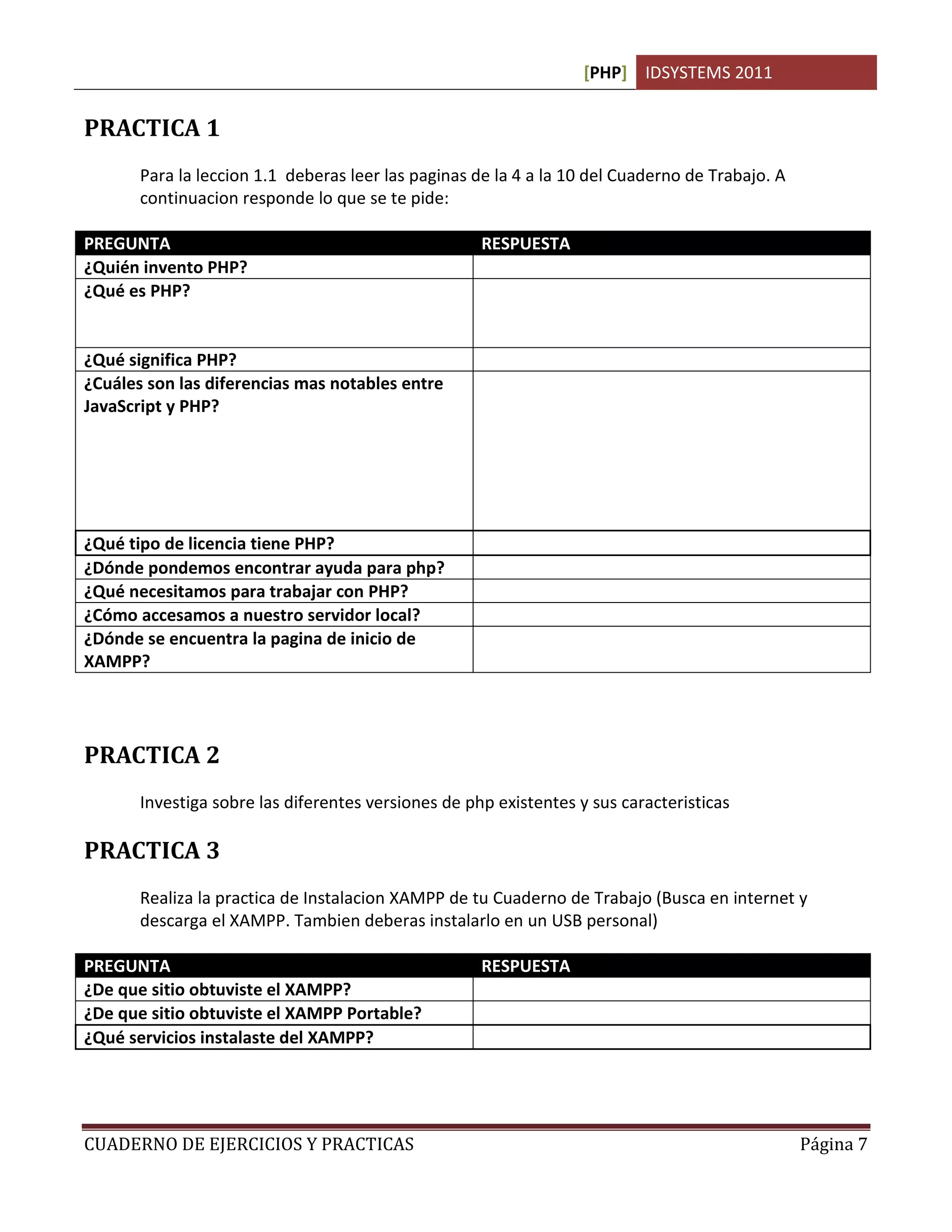 [PHP] IDSYSTEMS 2011
CUADERNO DE EJERCICIOS Y PRACTICAS Página 7
PRACTICA 1
Para la leccion 1.1 deberas leer las paginas de la 4 a la 10 del Cuaderno de Trabajo. A
continuacion responde lo que se te pide:
PREGUNTA RESPUESTA
¿Quién invento PHP? El canadiense-danes Rasmus Lerdorf en 1994
¿Qué es PHP? Un lenguaje de programacion o lenguaje de
secuencias de comandos (scripts) que se integra
en paginas HTML y es interpretado por el servidor
¿Qué significa PHP? Personal Home Page
¿Cuáles son las diferencias mas notables entre
JavaScript y PHP?
1) A veces no es compatible con todos los
navegadores
2) En Javascript podemos llegar a ver el
codigo fuente y en PHP no
3) Javascript corre en el lado del cliente. PHP
en el lado del servidor
¿Qué tipo de licencia tiene PHP? PHP tiene una licencia Open Source o GNU
¿Dónde pondemos encontrar ayuda para php? En el sitio oficial www.php.net/manual/es/
¿Qué necesitamos para trabajar con PHP? Un servidor web
¿Cómo accesamos a nuestro servidor local? Con http://localhost o http://127.0.0.1
¿Dónde se encuentra la pagina de inicio de
XAMPP?
En c:xampphtdocs
PRACTICA 2
Investiga sobre las diferentes versiones de php existentes y sus caracteristicas
PRACTICA 3
Realiza la practica de Instalacion XAMPP de tu Cuaderno de Trabajo (Busca en internet y
descarga el XAMPP. Tambien deberas instalarlo en un USB personal)
PREGUNTA RESPUESTA
¿De que sitio obtuviste el XAMPP? www.apacheandfriends.org
¿De que sitio obtuviste el XAMPP Portable? www.portableapps.com
¿Qué servicios instalaste del XAMPP? Apache, MySQL, FTP Server
 