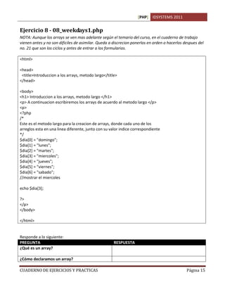 [PHP] IDSYSTEMS 2011
CUADERNO DE EJERCICIOS Y PRACTICAS Página 15
Ejercicio 8 - 08_weekdays1.php
NOTA: Aunque los arrays se ven mas adelante según el temario del curso, en el cuaderno de trabajo
vienen antes y no son dificiles de asimilar. Queda a discrecion ponerlos en orden o hacerlos despues del
no. 21 que son los ciclos y antes de entrar a los formularios.
<html>
<head>
<title>Introduccion a los arrays, metodo largo</title>
</head>
<body>
<h1> Introduccion a los arrays, metodo largo </h1>
<p> A continuacion escribiremos los arrays de acuerdo al metodo largo </p>
<p>
<?php
/*
Este es el metodo largo para la creacion de arrays, donde cada uno de los
arreglos esta en una linea diferente, junto con su valor indice correspondiente
*/
$dia[0] = "domingo";
$dia[1] = "lunes";
$dia[2] = "martes";
$dia[3] = "miercoles";
$dia[4] = "jueves";
$dia[5] = "viernes";
$dia[6] = "sabado";
//mostrar el miercoles
echo $dia[3];
?>
</p>
</body>
</html>
Responde a lo siguiente:
PREGUNTA RESPUESTA
¿Qué es un array? Un arreglo o conjunto de valores que comparten
un mismo nombre de variable
¿Cómo declaramos un array? $dia[numElemento]. Ej. $dia[0], $dia[1]
 