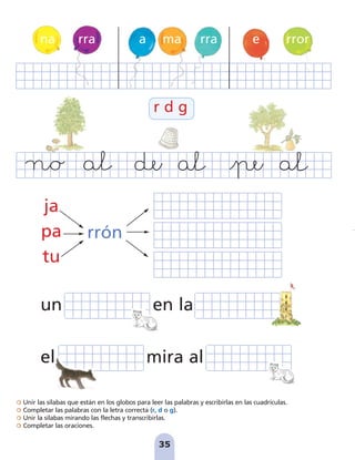 un en la
el mira al
Unir las sílabas que están en los globos para leer las palabras y escribirlas en las cuadrículas.
Completar las palabras con la letra correcta (r, d o g).
Unir la sílabas mirando las flechas y transcribirlas.
Completar las oraciones.
35
na rror
e
rra
ma
a
rra
ja
pa
tu
rrón
r d g
pag 31-36:Maquetación 1 20/11/07 09:49 Página 35
 