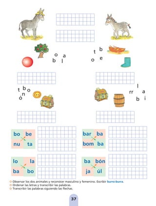 Observar los dos animales y reconocer masculino y femenino. Escribir burro-burra.
Ordenar las letras y transcribir las palabras.
Transcribir las palabras siguiendo las flechas.
37
bar ba
bom ba
bo be
nu ta
ba bón
ja úl
lo la
ba bo
b
o
l
a
b
o
t
e
o
ó
t
n
b
rr
b
a
l
i
pag 37-40:Maquetación 1 5/10/07 16:28 Página 37
 