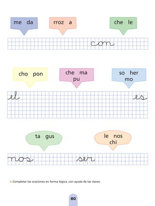 Completar las oraciones en forma lógica, con ayuda de las claves.
80
me da rroz a che le
cho pon che ma
pu
so her
mo
ta gus le nos
chi
pag 78-87:Maquetación 1 5/10/07 17:03 Página 80
 