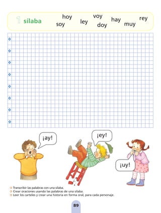 .
Transcribir las palabras con una sílaba.
Crear oraciones usando las palabras de una sílaba.
Leer los carteles y crear una historia en forma oral, para cada personaje.
89
hoy hay
ley
voy
soy doy
rey
muy
1 sílaba
¡ay!
¡uy!
¡ey!
pag 88-99:Maquetación 1 5/10/07 17:10 Página 89
 