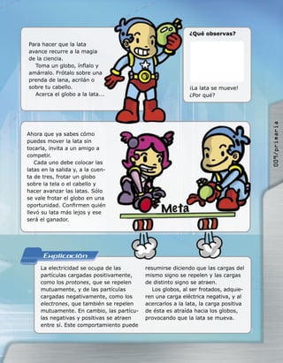 Para hacer que la lata
avance recurre a la magia
de la ciencia.
Toma un globo, ínﬂalo y
amárralo. Frótalo sobre una
prenda de lana, acrilán o
sobre tu cabello.
Acerca el globo a la lata...
¿Qué observas?
Ahora que ya sabes cómo
puedes mover la lata sin
tocarla, invita a un amigo a
competir.
Cada uno debe colocar las
latas en la salida y, a la cuen-
ta de tres, frotar un globo
sobre la tela o el cabello y
hacer avanzar las latas. Sólo
se vale frotar el globo en una
oportunidad. Conﬁrmen quién
llevó su lata más lejos y ese
será el ganador.
La electricidad se ocupa de las
partículas cargadas positivamente,
como los protones, que se repelen
mutuamente, y de las partículas
cargadas negativamente, como los
electrones, que también se repelen
mutuamente. En cambio, las partícu-
las negativas y positivas se atraen
entre sí. Este comportamiento puede
resumirse diciendo que las cargas del
mismo signo se repelen y las cargas
de distinto signo se atraen.
Los globos, al ser frotados, adquie-
ren una carga eléctrica negativa, y al
acercarlos a la lata, la carga positiva
de ésta es atraída hacia los globos,
provocando que la lata se mueva.
amárralo. Frótalo sobre una
Acerca el globo a la lata...
¡La lata se mueve!
¿Por qué?
009/primaria
 