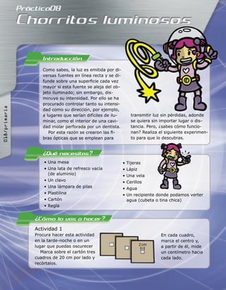 • Una mesa
• Una lata de refresco vacía
(de aluminio)
• Un clavo
• Una lámpara de pilas
• Plastilina
• Cartón
• Regla
Actividad 1
Procura hacer esta actividad
en la tarde-noche o en un
lugar que puedas oscurecer
Marca sobre el cartón tres
cuadros de 20 cm por lado y
recórtalos.
En cada cuadro,
marca el centro y,
a partir de él, mide
un centímetro hacia
cada lado.
Como sabes, la luz es emitida por di-
versas fuentes en línea recta y se di-
funde sobre una superﬁcie cada vez
mayor si esta fuente se aleja del ob-
jeto iluminado; sin embargo, dis-
minuye su intensidad. Por ello se ha
procurado controlar tanto su intensi-
dad como su dirección, por ejemplo,
a lugares que serían difíciles de ilu-
minar, como el interior de una cavi-
dad molar perforada por un dentista.
Por esta razón se crearon las ﬁ-
bras ópticas que se emplean para
transmitir luz sin pérdidas, adonde
se quiera sin importar lugar o dis-
tancia. Pero, ¿sabes cómo funcio-
nan? Realiza el siguiente experimen-
to para que lo descubras.
2 cm
• Tijeras
• Lápiz
• Una vela
• Cerillos
• Agua
• Un recipiente donde podamos verter
agua (cubeta o tina chica)
018/primaria
 
