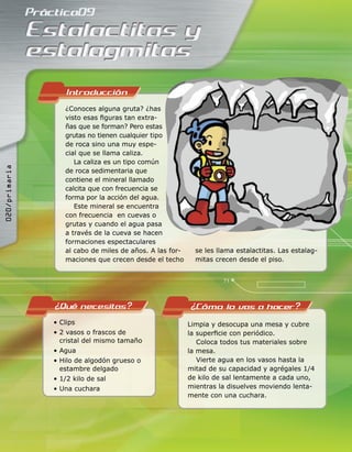 ¿Conoces alguna gruta? ¿has
visto esas ﬁguras tan extra-
ñas que se forman? Pero estas
grutas no tienen cualquier tipo
de roca sino una muy espe-
cial que se llama caliza.
La caliza es un tipo común
de roca sedimentaria que
contiene el mineral llamado
calcita que con frecuencia se
forma por la acción del agua.
Este mineral se encuentra
con frecuencia en cuevas o
grutas y cuando el agua pasa
a través de la cueva se hacen
formaciones espectaculares
al cabo de miles de años. A las for-
maciones que crecen desde el techo
se les llama estalactitas. Las estalag-
mitas crecen desde el piso.
• Clips
• 2 vasos o frascos de
cristal del mismo tamaño
• Agua
• Hilo de algodón grueso o
estambre delgado
• 1/2 kilo de sal
• Una cuchara
Limpia y desocupa una mesa y cubre
la superﬁcie con periódico.
Coloca todos tus materiales sobre
la mesa.
Vierte agua en los vasos hasta la
mitad de su capacidad y agrégales 1/4
de kilo de sal lentamente a cada uno,
mientras la disuelves moviendo lenta-
mente con una cuchara.
020/primaria
 