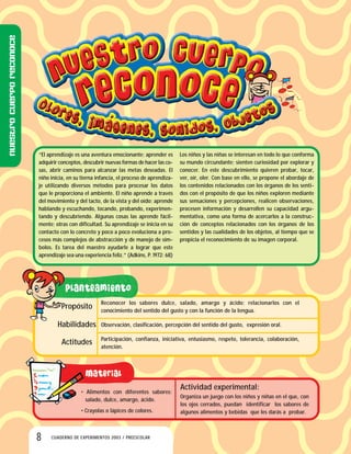 8 CUADERNO DE EXPERIMENTOS 2003 / PREESCOLAR
“El aprendizaje es una aventura emocionante; aprender es
adquirir conceptos, descubrir nuevas formas de hacer las co-
sas, abrir caminos para alcanzar las metas deseadas. El
niño inicia, en su tierna infancia, el proceso de aprendiza-
je utilizando diversos métodos para procesar los datos
que le proporciona el ambiente. El niño aprende a través
del movimiento y del tacto, de la vista y del oído; aprende
hablando y escuchando, tocando, probando, experimen-
tando y descubriendo. Algunas cosas las aprende fácil-
mente; otras con dificultad. Su aprendizaje se inicia en su
contacto con lo concreto y poco a poco evoluciona a pro-
cesos más complejos de abstracción y de manejo de sím-
bolos. Es tarea del maestro ayudarle a lograr que este
aprendizaje sea una experiencia feliz.” (Adkins, P. 1972: 68)
Los niños y las niñas se interesan en todo lo que conforma
su mundo circundante; sienten curiosidad por explorar y
conocer. En este descubrimiento quieren probar, tocar,
ver, oír, oler. Con base en ello, se propone el abordaje de
los contenidos relacionados con los órganos de los senti-
dos con el propósito de que los niños exploren mediante
sus sensaciones y percepciones, realicen observaciones,
procesen información y desarrollen su capacidad argu-
mentativa, como una forma de acercarlos a la construc-
ción de conceptos relacionados con los órganos de los
sentidos y las cualidades de los objetos, al tiempo que se
propicia el reconocimiento de su imagen corporal.
Reconocer los sabores dulce, salado, amargo y ácido; relacionarlos con el
conocimiento del sentido del gusto y con la función de la lengua.
Observación, clasificación, percepción del sentido del gusto, expresión oral.
Participación, confianza, iniciativa, entusiasmo, respeto, tolerancia, colaboración,
atención.
Propósito
Habilidades
Actitudes
• Alimentos con diferentes sabores:
salado, dulce, amargo, ácido.
• Crayolas o lápices de colores.
Actividad experimental:
Organiza un juego con los niños y niñas en el que, con
los ojos cerrados, puedan identificar los sabores de
algunos alimentos y bebidas que les darás a probar.
Nuestrocuerporeconoce
 