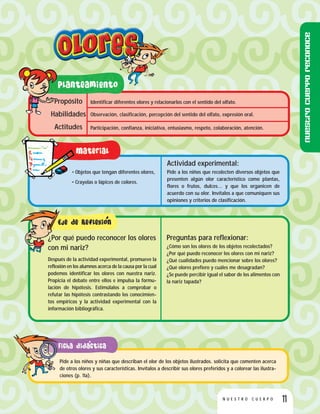 11N U E S T R O C U E R P O
Identificar diferentes olores y relacionarlos con el sentido del olfato.
Observación, clasificación, percepción del sentido del olfato, expresión oral.
Participación, confianza, iniciativa, entusiasmo, respeto, colaboración, atención.
Propósito
Habilidades
Actitudes
• Objetos que tengan diferentes olores,
• Crayolas o lápices de colores.
Actividad experimental:
Pide a los niños que recolecten diversos objetos que
presenten algún olor característico como plantas,
flores o frutos, dulces… y que los organicen de
acuerdo con su olor. Invítalos a que comuniquen sus
opiniones y criterios de clasificación.
Preguntas para reflexionar:
¿Cómo son los olores de los objetos recolectados?
¿Por qué puedo reconocer los olores con mi nariz?
¿Qué cualidades puedo mencionar sobre los olores?
¿Qué olores prefiero y cuáles me desagradan?
¿Se puede percibir igual el sabor de los alimentos con
la nariz tapada?
¿Por qué puedo reconocer los olores
con mi nariz?
Después de la actividad experimental, promueve la
reflexión en los alumnos acerca de la causa por la cual
podemos identificar los olores con nuestra nariz.
Propicia el debate entre ellos e impulsa la formu-
lación de hipótesis. Estimúlalos a comprobar o
refutar las hipótesis contrastando los conocimien-
tos empíricos y la actividad experimental con la
información bibliográfica.
Pide a los niños y niñas que describan el olor de los objetos ilustrados. solicita que comenten acerca
de otros olores y sus características. Invítalos a describir sus olores preferidos y a colorear las ilustra-
ciones (p. 11a).
Nuestrocuerporeconoce
 