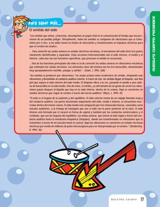 17N U E S T R O C U E R P O
El sentido del oído
“Los sonidos que oímos, y hacemos, desempeñan un papel vital en la comunicación al tiempo que nos pre-
vienen de un posible peligro. Virtualmente, todos los sonidos se componen de vibraciones que se trans-
miten por el aíre, y los oídos tienen la misión de detectarlos y transformarlos en impulsos eléctricos para
que el cerebro los analice.
… Para convertir las ondas sonoras en señales eléctricas nerviosas, el mecanismo del oído tiene tres partes
claramente identificadas y separadas. Estas secciones interconectadas son el oído externo, el medio y el
interno, cada una con sus funciones específicas, que procesan el sonido en secuencias.
…Una de las funciones principales del oído es la de convertir las ondas sonoras en vibraciones mecánicas
que estimulen las células nerviosas. Los elementos clave del sistema son los tres huesecillos, denominados
muy apropiadamente martillo, yunque y estribo”. (Clark, J. 1992, 268)
“los sonidos se producen por vibraciones. Tus orejas actúan como recolectores de sonido, atrapando esas
vibraciones y llevándolas al conducto auditivo externo. A través de éste, los sonidos llegan al tímpano, una fina
piel que separa el oído externo del oído medio. El tímpano vibra a su vez, pasando el sonido a una cade-
na de huesecillos en el oído medio. Uno de éstos, el estribo, ¡es del tamaño de un grano de arroz! Las vibra-
ciones pasan después al líquido que hay en tu oído interno, dentro de tu cráneo. Aquí se convierten en
señales eléctricas que viajan al cerebro a través del nervio auditivo” (Wyse, L. 1994: 41)
“El oído es el órgano de la audición y del equilibrio. El oído externo consta de un colgajo llamado oreja y
del conducto auditivo. Las partes funcionales importantes del oído, medio e interno, se encuentran ence-
rradas dentro del mismo cráneo. El oído medio está compuesto por tres minúsculos huesos, conocidos como
osículos auditorios, y la trompa de Eustaquio que une el oído con la parte posterior de la nariz. El oído
interno está formado por el caracol en forma de espiral y también por los conductos semicirculares y el
vestíbulo, que son los órganos del equilibrio. Las ondas sonoras que entran al oído viajan a través del con-
ducto auditivo hasta la membrana timpánica (tímpano), donde son transformadas en vibraciones que se
transmiten a través de los osículos hasta el caracol. Aquí las vibraciones se convierten en señales nerviosas
eléctricas por medio de millones de pelos microscópicos para ser interpretadas por el cerebro.” (Kindersley.
D. 1994: 36)
Nuestrocuerporeconoce
 