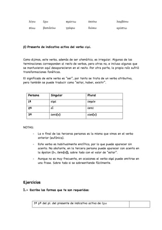 λέγω ἔχω πράττω ἀκούω λαμβάνω
πίνω βασιλεύω γράφω διώκω κρύπτω
β) Presente de indicativo activo del verbo εἰμί.
Como dijimos, este verbo, además de ser atemático, es irregular. Algunas de las
terminaciones corresponden al resto de verbos, pero otras no, e incluso algunas que
se mantuvieron aquí desaparecieron en el resto. Por otra parte, la propia raíz sufrió
transformaciones fonéticas.
El significado de este verbo es “ser”, por tanto se trata de un verbo atributivo,
pero también se puede traducir como “estar, haber, existir”.
Persona Singular Plural
1ª εἰμί ἐσμέν
2ª εἶ ἐστέ
3ª ἐστί(ν) εἰσί(ν)
NOTAS:
- La ν final de las terceras personas es la misma que vimos en el verbo
anterior (eufónica).
- Este verbo es habitualmente enclítico, por lo que puede aparecer sin
acento. No obstante, en la tercera persona puede aparecer con acento en
la épsilon (ἔ-, ἔστι(ν)), sobre todo con el valor de “estar”.
- Aunque no es muy frecuente, en ocasiones el verbo εἰμί puede omitirse en
una frase. Sobre todo si se sobreentiende fácilmente.
Ejercicios
1.- Escribe las formas que te son requeridas:
3ª pª del pl. del presente de indicativo activo de ἔχω
 