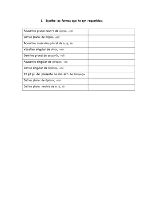 1. Escribe las formas que te son requeridas:
Acusativo plural neutro de ἔργον, -ου
Dativo plural de Θῆβαι, -ῶν
Acusativo masculino plural de ὁ, ἡ, τό
Vocativo singular de οἶνος, -ου
Genitivo plural de γεωργός, -οῦ
Acusativo singular de ἄστρον, -ου
Dativo singular de δρóσος, -ου
3ª pª pl. del presente de ind. act. de θαυμάζω
Dativo plural de δρόσος, -ου
Dativo plural neutro de ὁ, ἡ, τό
 
