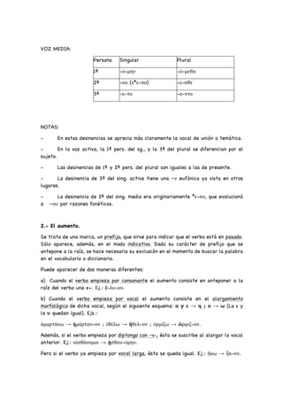 VOZ MEDIA:
Persona Singular Plural
1ª -ό-μην -ό-μεθα
2ª -ου (<*ε-σο) -ε-σθε
3ª -ε-το -ο-ντο
NOTAS:
- En estas desinencias se aprecia más claramente la vocal de unión o temática.
- En la voz activa, la 1ª pers. del sg., y la 3ª del plural se diferencian por el
sujeto.
- Las desinencias de 1ª y 2ª pers. del plural son iguales a las de presente.
- La desinencia de 3ª del sing. activa tiene una –ν eufónica ya vista en otros
lugares.
- La desinencia de 2ª del sing. media era originariamente *ε-σο, que evolucionó
a –ου por razones fonéticas.
2.- El aumento.
Se trata de una marca, un prefijo, que sirve para indicar que el verbo está en pasado.
Sólo aparece, además, en el modo indicativo. Dado su carácter de prefijo que se
antepone a la raíz, se hace necesaria su exclusión en el momento de buscar la palabra
en el vocabulario o diccionario.
Puede aparecer de dos maneras diferentes:
a) Cuando el verbo empieza por consonante el aumento consiste en anteponer a la
raíz del verbo una ε-. Εj.: ἔ-λυ-ον.
b) Cuando el verbo empieza por vocal el aumento consiste en el alargamiento
morfológico de dicha vocal, según el siguiente esquema: α y ε → η ; ο → ω (La ι y
la υ quedan igual). Ejs.:
ἁμαρτάνω → ἡμάρταν-ον ; ἐθέλω → ἤθελ-ον ; ὁρμίζω → ὥρμιζ-ον.
Además, si el verbo empieza por diptongo con –ι-, ésta se suscribe al alargar la vocal
anterior. Ej.: αἰσθάνομαι → ᾐσθαν-όμην.
Pero si el verbo ya empieza por vocal larga, ésta se queda igual. Ej.: ἥκω → ἧκ-ον.
 