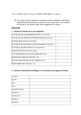 τιμάω.- Perfecto activo: τε-τίμη-κα. Perfecto medio-pasivo: τε-τίμη-μαι
b) Los verbos de tema acabado en consonante ofrecen problemas fonéticos de
asimilación (o disimilación) que no vamos a tratar en este tema, y que resuelve
el diccionario. Los veremos según vayan surgiendo en los textos.
Ejercicios
1.- Escribe las formas que te son requeridas:
3ª pª del sg. del pluscuamperfecto de ind. act. de παῦω
2ª pª del sg. del perfecto de indicativo pasivo de στρατεύω
Acusativo plural de πατρίς, πατρίδος
3ª pª del pl. del pluscuamp. de indicativo medio de τιμάω (ῶ)
2ª pª del pl. del perf. de ind. act. de κινδυνεύω
Acusativo del plural de μητήρ, μητρός
1ª pª del plural del plusc. de ind. pasivo de πυρεύω
Acusativo del singular de Ἡρακλῆς, -οῦς
3ª pª del plural del perf. de ind. medio de τιμάω
Dativo singular de στρατιώτης, -ου
2.- Escribe la descripción morfológica y el enunciado de las siguientes formas:
ἐτετίμητο
μετράσι
ὀργῇ
ὑπέρ
ἐκεκινδυνεύκεισαν
πεπύρευκε
ἐστράτευκας
ἠγαπήμην
σωτηριῶν
 