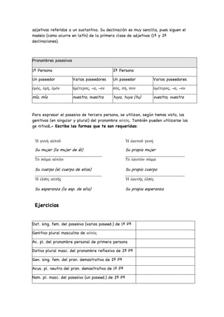adjetivos referidos a un sustantivo. Su declinación es muy sencilla, pues siguen el
modelo (como ocurre en latín) de la primera clase de adjetivos (1ª y 2ª
declinaciones).
Pronombres posesivos
1ª Persona 2ª Persona
Un poseedor Varios poseedores Un poseedor Varios poseedores
ἐμός, ἐμή, ἐμόν ἡμέτερος, -α, -ον σός, σή, σον ὑμέτερος, -α, -ον
mío, mía nuestro, nuestra tuyo, tuya (tu) vuestro, vuestra
Para expresar el posesivo de tercera persona, se utilizan, según hemos visto, los
genitivos (en singular y plural) del pronombre αὐτός. También pueden utilizarse los
ge nitivo1.- Escribe las formas que te son requeridas:
Dat. sing. fem. del posesivo (varios poseed.) de 1ª Pª
Genitivo plural masculino de αὐτός
Ac. pl. del pronombre personal de primera persona
Dativo plural masc. del pronombre reflexivo de 2ª Pª
Gen. sing. fem. del pron. demostrativo de 2ª Pª
Acus. pl. neutro del pron. demostrativo de 1ª Pª
Nom. pl. masc. del posesivo (un poseed.) de 2ª Pª
Ἡ γυνὴ αὐτοῦ Ἡ ἑαυτοῦ γυνή
Su mujer (la mujer de él) Su propia mujer
Τὸ σῶμα αὐτῶν Τὸ ἑαυτῶν σῶμα
Su cuerpo (el cuerpo de ellos) Su propio cuerpo
Ἡ ἐλπὶς αὐτῆς Ἡ ἑαυτῆς ἐλπίς
Su esperanza (la esp. de ella)
Ejercicios
Su propia esperanza
 