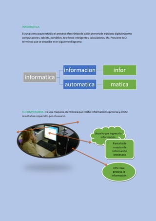 INFORMATICA
Es una cienciaque estudiael procesoelectrónicode datosatrevesde equipos digitalescomo
computadores,tablets,portátiles,teléfonosinteligentes,calculadoras,etc.Proviene de 2
términosque se describe enel siguiente diagrama:
EL COMPUTADOR.- Es una máquinaelectrónicaque recibe informaciónlaprocesayemite
resultadosrequeridosporel usuario.
informatica
informacion infor
automatica matica
Usuario que ingresa la
información
Pantalla de
muestra de
información
procesada
CPU. Que
procesa la
información
 