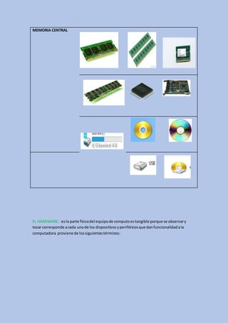 MEMORIA CENTRAL
EL HARDWARE.- esla parte físicadel equipode computoestangible porque se observary
tocar corresponde acada unode los dispositivosyperiféricosque danfuncionalidadala
computadora proviene de lossiguientestérminos:
 