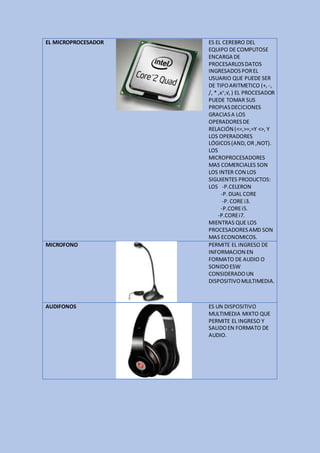EL MICROPROCESADOR ES EL CEREBRO DEL
EQUIPO DE COMPUTOSE
ENCARGA DE
PROCESARLOSDATOS
INGRESADOSPOREL
USUARIO QUE PUEDE SER
DE TIPOARITMETICO (+, -,
/, * ,xn
,√,) EL PROCESADOR
PUEDE TOMAR SUS
PROPIASDECICIONES
GRACIASA LOS
OPERADORESDE
RELACIÓN (<=,>=,=Y <>, Y
LOS OPERADORES
LÓGICOS(AND,OR ,NOT).
LOS
MICROPROCESADORES
MAS COMERCIALES SON
LOS INTER CON LOS
SIGUIENTES PRODUCTOS:
LOS -P.CELERON
-P.DUAL CORE
-P.CORE i3.
-P.COREi5.
-P.COREi7.
MIENTRAS QUE LOS
PROCESADORESAMD SON
MAS ECONOMICOS.
MICROFONO PERMITE EL INGRESO DE
INFORMACION EN
FORMATO DE AUDIO O
SONIDOESW
CONSIDERADOUN
DISPOSITIVOMULTIMEDIA.
AUDIFONOS ES UN DISPOSITIVO
MULTIMEDIA MIXTO QUE
PERMITE EL INGRESO Y
SALIDOEN FORMATO DE
AUDIO.
 