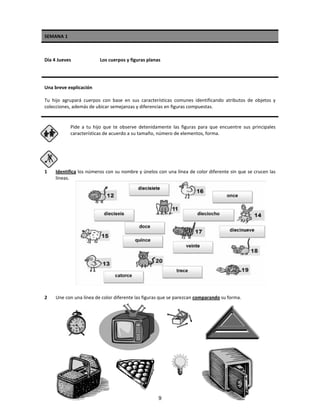 SEMANA 1
Día 4 Jueves Los cuerpos y figuras planas
Una breve explicación
Tu hijo agrupará cuerpos con base en sus características comunes identificando atributos de objetos y
colecciones, además de ubicar semejanzas y diferencias en figuras compuestas.
Pide a tu hijo que te observe detenidamente las figuras para que encuentre sus principales
características de acuerdo a su tamaño, número de elementos, forma.
1 Identifica los números con su nombre y únelos con una línea de color diferente sin que se crucen las
líneas.
2 Une con una línea de color diferente las figuras que se parezcan comparando su forma.
9
 