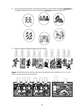 3 Une con líneas del mismo color los conjuntos que tienen el mismo número de objetos comparando las
cantidades. Después de unirlos, ¿Cuál es la pareja que tiene más elementos y cuántos son?
4 Observa el lugar que ocupa cada persona en la formación
Analiza el sentido de la carrera y escribe el lugar que le corresponde a cada competidor (1º., 2º., 3º., etc.)
tanto en la carrera a pie como en la natación.
15
 