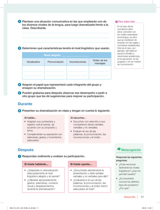 11
Desarrollo 11
2 Planteen una situación comunicativa en las que emplearán uno de
los diversos niveles de la lengua, para luego dramatizarla frente a la
clase. Descríbanla.
________________________________________________________________
________________________________________________________________
________________________________________________________________
3 Determinen qué características tendrá el nivel lingüístico que usarán.
Nivel elegido: _____________________
Vocabulario Pronunciación Incorrecciones
Orden de los
mensajes
_______________
_______________
_______________
_______________
_______________
_______________
_______________
_______________
4 Asignen el papel que representará cada integrante del grupo y
ensayen su dramatización.
5 Pueden grabarse para después observar ese desempeño o pedir a
otro grupo que les dé sugerencias para mejorar su participación.
Durante
6 Presenten su dramatización en clase y tengan en cuenta lo siguiente:
Al hablar...
t EBQUFOTVTDPOUFOJEPTZ
registro oral al oyente, de
acuerdo con su propósito y
tema.
t $PNQMFNFOUFOTVFYQPTJDJØODPO
ademanes, gestos y movimientos
adecuados.
Al escuchar...
t TDVDIFODPOBUFODJØOBTVT
compañeros dando señales
verbales y no verbales.
t WBMÞFOFMVTPEFMBT
palabras, la pronunciación, las
incorrecciones y el orden.
Después
7 Respondan oralmente y evalúen su participación.
Si fuiste hablante... Si fuiste oyente...
t {EBQUBTUFUVESBNBUJ[BDJØO
adecuadamente al nivel
lingüístico elegido y al oyente?
t {6UJMJ[BTUFBQSPQJBEBNFOUF
gestos, ademanes, contacto
visual y desplazamientos
durante la dramatización?
t {TDVDIBTUFBUFOUBNFOUFMB
presentación y diste señales
verbales y no verbales para ello?
t {WBMVBTUFTJel uso de las
palabras, la pronunciación, las
incorrecciones y el orden fueron
adecuados al nivel?
Metacognición
Responde las siguientes
preguntas:
t {1VEFSFDPOPDFS
fácilmente los niveles
lingüísticos? ¿Qué me
permitió hacerlo?
t {TJNQPSUBOUF
conocer los distintos
tipos de sociolecto?
{1PSRVÏ
En el caso de los
sociolectos altos,
estos coinciden con
los niveles estándares
de la lengua, es decir,
que se mantienen de
acuerdo con las reglas y
normativas establecidas.
Este es el caso, por
ejemplo, del habla en
asuntos oficiales o
ceremonias académicas,
en la educación, en los
juzgados o en los medios
de comunicación.
Para saber más
008_013_U01_LICI_COM_LA_4S.indd 11 9/5/16 14:33
 