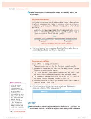 Ficha 25. Escribimos un oficio
Prácticas letradas
124
6 Lee la información que se presenta en los recuadros y realiza las
actividades.
Recursos gramaticales
La oración compuesta coordinada combina dos o más oraciones
simples, o proposiciones, mediante un nexo, enlace o conjunción
coordinante (y, o, pero, etc.). Puede ser copulativa, adversativa o
disyuntiva.
t La oración compuesta por coordinación copulativa: las proposi-
ciones se relacionan por conjunciones copulativas, como y (e), ni.
Expresan noción de adición o suma. Ejemplo:
Nexo
Elaboramos todos los informes y entregamos los reportes de venta.
Proposición Proposición
Oración compuesta por coordinación copulativa
a. Escribe el inicio del cuerpo o desarrollo de tu oficio empleando una
oración compuesta por coordinación copulativa.
_____________________________________________________________
_____________________________________________________________
Recursos ortográficos
Se usa la letra ll en los siguientes casos:
t 1BMBCSBTRVFUFSNJOBOFO-illa, -illo. Ejemplos: barquillo, capilla.
t 4VTUBOUJWPTRVFUFSNJOBOFOullo, -ulla. Ejemplos: capullo, patrulla.
Excepciones: puya, tocuyo, tuyo(a).
t -BTGPSNBTWFSCBMFTDVZPTJOGJOJUJWPTUFSNJOBOFOillar, -ellar, -ullar,
-ullir y sus derivados. Ejemplos: desentornillar, escabullir, mellar.
t -BTQBMBCSBTRVFFNQJF[BODPOMBTTÓMBCBTfa-, fo-, fu-. Ejemplos:
falla, follaje, fulla. Excepciones: faya y sus derivados.
t 5PEBTMBTGPSNBTEFMPTWFSCPTRVFMMFWBOFMTPOJEPll en su infinitivo.
Ejemplos: acallar, chillar, llorar.
b. Escribe dos oraciones que complementen el inicio del cuerpo o
desarrollo del oficio. Utiliza palabras con ll.
Oración 1 Oración 2
_______________________________
_______________________________
_______________________________
_______________________________
Escribir
7 Escribe en tu cuaderno el primer borrador de tu oficio. Considera las
actividades hechas y ajústalo al registro adecuado (formal o informal).
La ll en las palabras
españolas, como
todos los dígrafos, es
indivisible en la escritura,
de manera que no
pueden separarse sus
componentes con guion
al final de línea. Ejemplo:
ga- / llina, no gal- / lina.
EFNÈT MBGPSNB
mayúscula del dígrafo
ll es Ll, es decir, solo
la primera de las letras
que lo componen debe
escribirse en mayúscula.
Para saber más
114_125_U02_LICI_COM_LA_4S.indd 124 26/04/16 10:33 a.m.
 