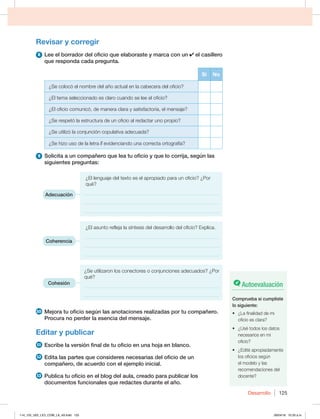Desarrollo 125
Revisar y corregir
8 Lee el borrador del oficio que elaboraste y marca con un el casillero
que responda cada pregunta.
Sí No
¿Se colocó el nombre del año actual en la cabecera del oficio?
¿El tema seleccionado es claro cuando se lee el oficio?
¿El oficio comunicó, de manera clara y satisfactoria, el mensaje?
¿Se respetó la estructura de un oficio al redactar uno propio?
¿Se utilizó la conjunción copulativa adecuada?
¿Se hizo uso de la letra ll evidenciando una correcta ortografía?
9 Solicita a un compañero que lea tu oficio y que lo corrija, según las
siguientes preguntas:
¿El lenguaje del texto es el apropiado para un oficio? ¿Por
qué?
______________________________________________________
______________________________________________________
______________________________________________________
¿El asunto refleja la síntesis del desarrollo del oficio? Explica.
______________________________________________________
______________________________________________________
______________________________________________________
¿Se utilizaron los conectores o conjunciones adecuados? ¿Por
qué?
______________________________________________________
______________________________________________________
10 Mejora tu oficio según las anotaciones realizadas por tu compañero.
Procura no perder la esencia del mensaje.
Editar y publicar
11 Escribe la versión final de tu oficio en una hoja en blanco.
12 Edita las partes que consideres necesarias del oficio de un
compañero, de acuerdo con el ejemplo inicial.
13 Publica tu oficio en el blog del aula, creado para publicar los
documentos funcionales que redactes durante el año.
Adecuación
Coherencia
Cohesión Autoevaluación
Comprueba si cumpliste
lo siguiente:
t {-BGJOBMJEBEEFNJ
oficio es clara?
t {6TÏUPEPTMPTEBUPT
necesarios en mi
oficio?
t {EJUÏBQSPQJBEBNFOUF
los oficios según
el modelo y las
recomendaciones del
docente?
114_125_U02_LICI_COM_LA_4S.indd 125 26/04/16 10:33 a.m.
 