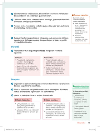 13
Desarrollo 13
3 Estudien el texto seleccionado. Divídanlo en secuencias narrativas o
de acuerdo con los personajes que intervienen.
4 Lean dos o tres veces cada secuencia o diálogo, y reconozcan la idea
o emoción principal que transmite.
5 Piensen en los recursos no verbales que podrían usar para su lectura
dramatizada y menciónenlos:
________________________________________________________________
________________________________________________________________
6 Busquen las formas posibles de interpretar cada secuencia del texto
o parlamento de los personajes, de acuerdo con la idea o emoción
principal identificadas.
Durante
7 Realicen la lectura según lo planificado. Tengan en cuenta lo
siguiente:
Al hablar…
t 1SPZFDUFOMBWP[IBDJBMPT
oyentes y mantengan el
contacto visual con ellos.
t 7BSÓFOFMSJUNPZMBFOUPOBDJØO
de acuerdo con el episodio que
leen, para captar la atención del
oyente.
Al escuchar…
t 1SFTUFOBUFODJØOBDUJWBZ
sostenida a sus compañeros,
dando señales verbales y no
verbales de comprensión.
t WBMÞFOMBFGJDBDJBEFMBT
estrategias y recursos orales
(para comunicarse mejor)
utilizados durante la lectura.
Después
8 Organicen un conversatorio para comentar el contenido y el propósito
de cada saga literaria escuchada.
9 Pidan la opinión de los oyentes acerca de su desempeño durante la
lectura dramatizada. Agradezcan sus comentarios.
10 Evalúa tu participación en la lectura dramatizada.
Si fuiste hablante… Si fuiste oyente…
t {1SPZFDUBTUFUVWP[IBDJB
los oyentes y mantuviste el
contacto visual con ellos?
t {7BSJBTUFFMSJUNPZMBFOUPOBDJØO
de acuerdo con el episodio que
leíste?
t {1SFTUBTUFBUFODJØOBDUJWBZ
sostenida a tus compañeros,
dando señales verbales y no
verbales de comprensión?
t {WBMVBTUFMBFGJDBDJBEFMBT
estrategias y de los recursos
expresivos utilizados en las
lecturas?
Durante la lectura
dramatizada ten en
cuenta lo siguiente:
t 7BSJBSFMWPMVNFOEF
la voz y la entonación
para expresar la
personalidad, las
emociones y los
deseos del personaje
representado.
t .BSDBSMBT
interrogaciones,
mandatos, sorpresas,
dudas, ironías, etc.
Recursos expresivos
Heteroevaluación
Tu docente comprobará
lo siguiente:
t {3FQSFTFOUBTUF
el contenido, la
emotividad, la forma
y el género del texto
leído?
t {$BQUVSBTUFMBBUFODJØO
de los oyentes?
t {6UJMJ[BTUFUVWP[Z
recursos no verbales
para transmitir
emociones?
008_013_U01_LICI_COM_LA_4S.indd 13 9/5/16 14:33
 