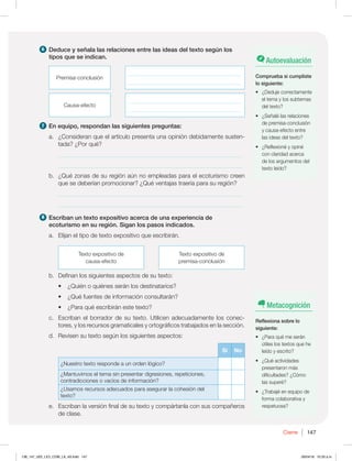 147
Cierre
6 Deduce y señala las relaciones entre las ideas del texto según los
tipos que se indican.
Premisa-conclusión
_________________________________________
_________________________________________
Causa-efecto
_________________________________________
_________________________________________
7 En equipo, respondan las siguientes preguntas:
a. ¿Consideran que el artículo presenta una opinión debidamente susten-
tada? ¿Por qué?
_____________________________________________________________
_____________________________________________________________
b. ¿Qué zonas de su región aún no empleadas para el ecoturismo creen
que se deberían promocionar? ¿Qué ventajas traería para su región?
_____________________________________________________________
_____________________________________________________________
8 Escriban un texto expositivo acerca de una experiencia de
ecoturismo en su región. Sigan los pasos indicados.
a. Elijan el tipo de texto expositivo que escribirán.
Texto expositivo de
causa-efecto
Texto expositivo de
premisa-conclusión
b. Definan los siguientes aspectos de su texto:
t {2VJÏOPRVJÏOFTTFSÈOMPTEFTUJOBUBSJPT
t {2VÏGVFOUFTEFJOGPSNBDJØODPOTVMUBSÈO
t {1BSBRVÏFTDSJCJSÈOFTUFUFYUP
c. Escriban el borrador de su texto. Utilicen adecuadamente los conec-
tores, y los recursos gramaticales y ortográficos trabajados en la sección.
d. Revisen su texto según los siguientes aspectos:
Sí No
¿Nuestro texto responde a un orden lógico?
¿Mantuvimos el tema sin presentar digresiones, repeticiones,
contradicciones o vacíos de información?
¿Usamos recursos adecuados para asegurar la cohesión del
texto?
e. Escriban la versión final de su texto y compártanla con sus compañeros
de clase.
Autoevaluación
Comprueba si cumpliste
lo siguiente:
t {%FEVKFDPSSFDUBNFOUF
el tema y los subtemas
del texto?
t {4F×BMÏMBTSFMBDJPOFT
de premisa-conclusión
y causa-efecto entre
las ideas del texto?
t {3FGMFYJPOÏZPQJOÏ
con claridad acerca
de los argumentos del
texto leído?
Metacognición
Reflexiona sobre lo
siguiente:
t {1BSBRVÏNFTFSÈO
útiles los textos que he
leído y escrito?
t {2VÏBDUJWJEBEFT
presentaron más
dificultades? ¿Cómo
las superé?
t {5SBCBKÏFOFRVJQPEF
forma colaborativa y
respetuosa?
138_147_U02_LICI_COM_LA_4S.indd 147 26/04/16 10:33 a.m.
 
