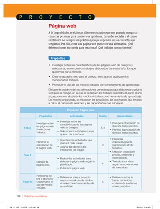 Prácticas mediáticas
168
Proyecto: Página web
Propósitos Actividades Sesión Capacidades
Fase I
Investigar sobre
las páginas web
y seleccionar
trabajos.
t Investigar sobre las
características de las páginas
web de colegios.
t Seleccionar los trabajos que se
quieren dar a conocer.
1, 2
t Recupera información de
diversos textos escritos.
t Planifica la producción de
diversos textos escritos.
Fase II
Planificar la
elaboración de
la página web.
t Coordinar las actividades que
realizará cada equipo.
t Asignar las labores a los
integrantes del equipo.
3
t Interactúa
colaborativamente
manteniendo el hilo
temático.
t Utiliza un vocabulario
preciso, pertinente y
especializado.
t Textualiza sus ideas
según las convenciones
de la escritura.
Elaborar la
página web.
t Realizar las actividades para
elaborar la página web según lo
planificado.
t Publicar la página web.
4
Fase III
Reflexionar so-
bre si el proyec-
to promueve el
uso de medios
virtuales.
t Reflexionar si en el proyecto
se promovió el uso de medios
virtuales como herramientas de
aprendizaje.
5
t Reflexiona sobre la
forma, contenido y
contexto de sus textos
orales y escritos.
Página web
A lo largo del año, se elaboran diferentes trabajos que nos gustaría compartir
con otras personas para conocer sus opiniones. Las redes sociales o el correo
electrónico no siempre son prácticos porque dependen de los contactos que
tengamos. Por ello, crear una página web puede ser una alternativa. ¿Qué
debemos tomar en cuenta para crear una? ¿Qué trabajos compartiremos?
Propósitos
t Investigar sobre las características de las páginas web de colegios y
seleccionar, entre nuestros trabajos elaborados durante el año, los que
queremos dar a conocer.
t Crear una página web para el colegio, en la que se publiquen los
mencionados trabajos.
t Promover el uso de los medios virtuales como herramienta de aprendizaje.
El siguiente cuadro te brinda orientaciones generales para que elabores una página
web para el colegio, en la que se publiquen los trabajos realizados durante el año
y que promueva el uso de los medios virtuales como herramienta de aprendizaje.
De manera organizada, se muestran los propósitos, las actividades que llevarás
a cabo, el número de sesiones y las capacidades que trabajarás.
168_177_U03_LICI_COM_LA_4S.indd 168 26/04/16 10:38 a.m.
 