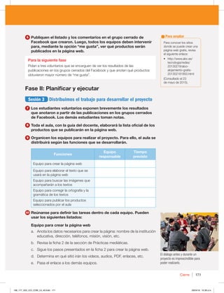 Cierre 171
El diálogo antes y durante un
proyecto es imprescindible para
poder realizarlo.
6 Publiquen el listado y los comentarios en el grupo cerrado de
Facebook que crearon. Luego, todos los equipos deben intervenir
para, mediante la opción “me gusta”, ver qué productos serán
publicados en la página web.
Para la siguiente fase
Pidan a tres voluntarios que se encarguen de ver los resultados de las
publicaciones en los grupos cerrados del Facebook y que anoten qué productos
obtuvieron mayor número de “me gusta”.
Fase II: Planificar y ejecutar
Sesión 3 Distribuimos el trabajo para desarrollar el proyecto
7 Los estudiantes voluntarios exponen brevemente los resultados
que anotaron a partir de las publicaciones en los grupos cerrados
de Facebook. Los demás estudiantes toman notas.
8 Toda el aula, con la guía del docente, elaborará la lista oficial de los
productos que se publicarán en la página web.
9 Organicen los equipos para realizar el proyecto. Para ello, el aula se
distribuirá según las funciones que se desarrollarán.
Funciones
Equipo
responsable
Tiempo
previsto
Equipo para crear la página web
Equipo para elaborar el texto que se
usará en la página web
Equipo para buscar las imágenes que
acompañarán a los textos
Equipo para corregir la ortografía y la
gramática de los textos
Equipo para publicar los productos
seleccionados por el aula
10 Reúnanse para definir las tareas dentro de cada equipo. Pueden
usar los siguientes listados:
Equipo para crear la página web
a. Anota los datos necesarios para crear la página: nombre de la institución
educativa, dirección, teléfonos, misión, visión, etc.
b. Revisa la ficha 2 de la sección de Prácticas mediáticas.
c. Sigue los pasos presentados en la ficha 2 para crear la página web.
d. Determina en qué sitió irán los videos, audios, PDF, enlaces, etc.
e. Pasa el enlace a los demás equipos.
Para conocer los sitios
donde se puede crear una
página web gratis, revisa
el siguiente enlace:
t IUUQXXXBCDFT
tecnologia/redes/
20130219/abci-
alojamiento-gratis-
201302181850.html
(Consultado el 23
de mayo de 2015).
Para ampliar
168_177_U03_LICI_COM_LA_4S.indd 171 26/04/16 10:38 a.m.
 