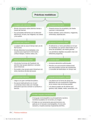 En síntesis
Prácticas mediáticas
174
Prácticas mediáticas
La página web: elementos
Interacción en redes sociales
El editorial. El periódico digital
Lenguaje cinematográfico: planos
La página web: creación
La revista digital
El tráiler: lenguaje cinematográfico
t Brinda información sobre distintos temas a
través del Internet.
t Sus principales elementos son la dirección
electrónica, el texto, las imágenes, los videos
y los audios.
t Una de las funciones de Facebook nos
permite crear grupos abiertos o cerrados
para interactuar.
t Se pueden crear grupos para interactuar con
otros miembros de esta red social.
t La página web se usa en tiempo real y es de
fácil acceso.
t Brinda diferentes funcionalidades a los
usuarios para organizar la información,
unificar trabajos, mostrar videos, etc.
La publicidad televisiva
t Llega a una gran cantidad de público.
t Se asocia habitualmente con el spot
o comercial, breve video con mensaje
persuasivo que da a conocer un producto o
servicio.
El programa informativo
t Presenta temas de actualidad y de interés
nacional o internacional.
t Existe variedad, como noticieros, magazines,
entrevistas, espectáculos.
t El lenguaje cinematográfico es principalmente narrativo.
Combina la palabra con el sonido y la imagen.
t El tráiler es una herramienta para promocionar una
película en el mercado cinematográfico. Es de corta
duración y muestra escenas impactantes del filme.
t El editorial es un texto periodístico en el que
se manifiesta una opinión relacionada con un
tema de actualidad y de interés general.
t Los periódicos digitales se pueden crear con
diferentes programas.
t Incorpora elementos audiovisuales.
t Permite una comunicación bidireccional,
que hace posible conocer las impresiones
y consultas del destinatario en tiempo real.
t Los planos son la forma de ubicar los
elementos de una composición fotográfica
de la manera más armoniosa posible.
t Los planos pueden ser de distinto tipo:
general, total, detalle, medio, americano, etc.
168_177_U03_LICI_COM_LA_4S.indd 174 26/04/16 10:38 a.m.
 