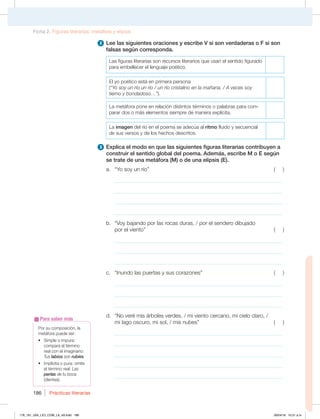 Prácticas literarias
186
2 Lee las siguientes oraciones y escribe V si son verdaderas o F si son
falsas según corresponda.
Las figuras literarias son recursos literarios que usan el sentido figurado
para embellecer el lenguaje poético.
El yo poético está en primera persona
(“Yo soy un río un río / un río cristalino en la mañana. / A veces soy
tierno y bondadoso…”).
La metáfora pone en relación distintos términos o palabras para com-
parar dos o más elementos siempre de manera explícita.
La imagen del río en el poema se adecúa al ritmo fluido y secuencial
de sus versos y de los hechos descritos.
3 Explica el modo en que las siguientes figuras literarias contribuyen a
construir el sentido global del poema. Además, escribe M o E según
se trate de una metáfora (M) o de una elipsis (E).
a. “Yo soy un río” ( )
_____________________________________________________________
_____________________________________________________________
_____________________________________________________________
_____________________________________________________________
b. “Voy bajando por las rocas duras, / por el sendero dibujado
por el viento” ( )
_____________________________________________________________
_____________________________________________________________
_____________________________________________________________
c. “Inundo las puertas y sus corazones” ( )
_____________________________________________________________
_____________________________________________________________
_____________________________________________________________
d. “No veré mis árboles verdes, / mi viento cercano, mi cielo claro, /
mi lago oscuro, mi sol, / mis nubes” ( )
_____________________________________________________________
_____________________________________________________________
_____________________________________________________________
_____________________________________________________________
_____________________________________________________________
Por su composición, la
metáfora puede ser:
t 4JNQMFPJNQVSB
compara el término
real con el imaginario:
Tus labios son rubíes.
t *NQMÓDJUBPQVSBPNJUF
el término real: Las
perlas de tu boca
(dientes).
Para saber más
Ficha 2. Figuras literarias: metáfora y elipsis
178_191_U04_LICI_COM_LA_4S.indd 186 26/04/16 10:51 a.m.
 