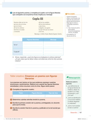 Desarrollo 187
Ingresa al siguiente
enlace y encontrarás una
selección de poemas de
autores latinoamericanos.
Elige algunos textos y
coméntalos durante la
clase.
t IUUQXXXFODVFOUSP
gov.ar/sitios/
encuentro/programas/
ver?rec_id=50626
(Consultado el 14
de junio de 2015).
Para ampliar
4 Lee el siguiente poema y completa el cuadro con la figura literaria
que comparte con el poema inicial. Explica su mensaje
Copla III
Nuestras vidas son los ríos
que van a dar en la mar,
que es el morir,
allí van los señoríos
derechos a se acabar
y consumir;
allí los ríos caudales,
allí los otros medianos
y más chicos,
y llegados, son iguales
los que viven por sus manos
y los ricos.
Manrique, J. (1995). Poesía. Madrid, España: Cátedra.
Taller creativo: Creamos un poema con figuras
literarias
Los poemas son textos en los que podemos expresar nuestras
emociones y sentimientos. Elabora uno usando las figuras literarias
estudiadas y otros recursos como la rima. Sigue estos pasos:
1 Completa el siguiente cuadro:
Título Figura literaria Tipo de rima
2 Determina cuántas estrofas tendrá tu poema.
3 Escribe la primera versión de tu poema y entrégasela a tu docente
para que la revise.
4 Escribe la versión final de tu poema y publícalo en la red social que
utilices.
Metacognición
Reflexiona sobre lo
siguiente:
t {-BTEFGJOJDJPOFTEF
las figuras literarias de
metáfora y elipsis me
ayudaron a su mejor
comprensión y uso?
¿Por qué?
t {$ØNPMBJEFOUJGJDBDJØO
y el uso de la metáfora
y la elipsis despiertan
mi creatividad?
t {$ØNPNFIFTFOUJEP
al crear un poema?
Figuras literarias Mensaje
“El río”
___________________________
___________________________
_________________________
_________________________
“Copla III”
___________________________
___________________________
_________________________
_________________________
t IPSB SFTQPOEF{RVÏPUSBGJHVSBFTFNQMFBEBFOBNCPTQPFNBT 
¿A qué crees que se deban estas coincidencias entre los dos autores
citados?
_____________________________________________________________
_____________________________________________________________
_____________________________________________________________
178_191_U04_LICI_COM_LA_4S.indd 187 26/04/16 10:51 a.m.
 