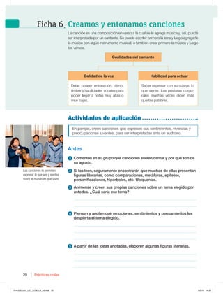 20 Prácticas orales
20
Actividades de aplicación
En parejas, creen canciones que expresen sus sentimientos, vivencias y
preocupaciones juveniles, para ser interpretadas ante un auditorio.
Antes
1 Comenten en su grupo qué canciones suelen cantar y por qué son de
su agrado.
2 Si las leen, seguramente encontrarán que muchas de ellas presentan
figuras literarias, como comparaciones, metáforas, epítetos,
personificaciones, hipérboles, etc. Ubíquenlas.
3 Anímense y creen sus propias canciones sobre un tema elegido por
ustedes. ¿Cuál sería ese tema?
________________________________________________________________
________________________________________________________________
4 Piensen y anoten qué emociones, sentimientos y pensamientos les
despierta el tema elegido.
________________________________________________________________
________________________________________________________________
________________________________________________________________
5 A partir de las ideas anotadas, elaboren algunas figuras literarias.
________________________________________________________________
________________________________________________________________
________________________________________________________________
La canción es una composición en verso a la cual se le agrega música y, así, pueda
TFSJOUFSQSFUBEBQPSVODBOUBOUF4FQVFEFFTDSJCJSQSJNFSPMBMFUSBZMVFHPBHSFHBSMF
la música con algún instrumento musical, o también crear primero la música y luego
los versos.
Las canciones te permiten
expresar lo que ves y sientes
sobre el mundo en que vives.
Creamos y entonamos canciones
Ficha 6
Cualidades del cantante
Calidad de la voz
Debe poseer entonación, ritmo,
UJNCSFZIBCJMJEBEFTWPDBMFTQBSB
poder llegar a notas muy altas o
muy bajas.
Habilidad para actuar
4BCFSFYQSFTBSDPOTVDVFSQPMP
que siente. Las posturas corpo-
SBMFT NVDIBT WFDFT EJDFO NÈT
que las palabras.
014-029_U01_LICI_COM_LA_4S.indd 20 9/5/16 14:33
 