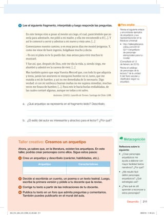 Desarrollo 211
Revisa el siguiente enlace
y encontrarás ejemplos
de arquetipos y sus
representaciones en la
literatura universal:
t IUUQUBMMFSFTMJUFSBSJPT
POMJOFDPN
BSRVFUJQPT
de-personaje-
atemporales-para-tu-
OPWFMB
(Consultado el 13
de febrero de 2015).
Revisa el catálogo
de personajes de la
lectura 7 de la unidad
6 del Texto escolar y
clasifícalos según su
arquetipo.
Para ampliar
5 Lee el siguiente fragmento, interprétalo y luego responde las preguntas.
a. ¿Qué arquetipo se representa en el fragmento leído? Descríbelo.
_____________________________________________________________
_____________________________________________________________
b. ¿El estilo del autor es interesante y atractivo para el lector? ¿Por qué?
_____________________________________________________________
_____________________________________________________________
Taller creativo: Creamos un arquetipo
Ahora, ya sabes que, en la literatura, existen los arquetipos. En este
taller, podrás crear personajes como ellos. Sigue estos pasos:
1 Crea un arquetipo y descríbelo (carácter, habilidades, etc.).
Arquetipo Características
_______________________________ _______________________________
2 Decide si escribirás un cuento, un poema o un texto teatral. Luego,
escribe la primera versión y pídele a tu docente que la revise.
3 Corrige tu texto a partir de las indicaciones de tu docente.
4 Publica tu texto en un foro que admita preguntas y comentarios.
También puedes publicarlo en el mural del aula.
En este tiempo vino a posar al mesón un ciego, el cual, pareciéndole que yo
sería para adestrarle, me pidió a mi madre, y ella me encomendó a él [...]. Y
así le comencé a servir y adestrar a mi nuevo y viejo amo. [...]
Comenzamos nuestro camino, y en muy pocos días me mostró jerigonza. Y,
como me viese de buen ingenio, holgábase mucho y decía:
—Yo oro ni plata no te lo puedo dar; mas avisos para vivir muchos te
mostraré.
Y fue así, que, después de Dios, este me dio la vida, y, siendo ciego, me
alumbró y adestró en la carrera de vivir. [...]
Mas también quiero que sepa Vuestra Merced que, con todo lo que adquiría
y tenía, jamás tan avariento ni mezquino hombre no vi; tanto, que me
mataba a mí de hambre, y así no me demediaba de lo necesario. Digo
verdad: si con mi sutileza y buenas mañas no me supiera remediar, muchas
veces me finara de hambre; [...]. Para esto le hacía burlas endiabladas, de
las cuales contaré algunas, aunque no todas a mi salvo.
Anónimo. (2005). Lazarillo de Tormes. Santiago de Chile: LOM.
Metacognición
Reflexiona sobre lo
siguiente:
t {$SFBSQFSTPOBKFT
arquetípicos me
ayuda a elaborar con
mayor facilidad textos
narrativos? ¿Por qué?
t {.FSFTVMUØGÈDJM
definir personajes
arquetípicos? ¿Qué
estrategias usé?
t {1BSBRVÏFTÞUJM
aprender a reconocer a
estos personajes?
204_215_U04_LICI_COM_LA_4S.indd 211 26/04/16 11:40 a.m.
 