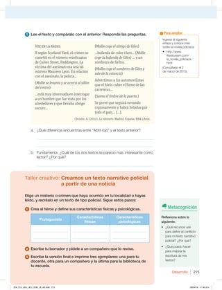 Desarrollo 215
Ingresa al siguiente
enlace y conoce más
sobre la novela policiaca:
t IUUQXXX
MJUFSBUVSBTNDPN
la_novela_policiaca.
html
(Consultado el 2
de marzo de 2015).
Para ampliar
5 Lee el texto y compáralo con el anterior. Responde las preguntas.
Taller creativo: Creamos un texto narrativo policial
a partir de una noticia
Elige un misterio o crimen que haya ocurrido en tu localidad o hayas
leído, y recréalo en un texto de tipo policial. Sigue estos pasos:
1 Crea al héroe y define sus características físicas y psicológicas.
Protagonista
Características
físicas
Características
psicológicas
____________________
____________________
____________________
____________________
____________________
____________________
2 Escribe tu borrador y pídele a un compañero que lo revise.
3 Escribe la versión final e imprime tres ejemplares: una para tu
docente, otra para un compañero y la última para la biblioteca de
tu escuela.
Voz en la radio:
Y según Scotland Yard, el crimen se
cometió en el número veinticuatro
de Culver Street, Paddington. La
víctima del asesinato era una tal
mistress Maureen Lyon. En relación
con el asesinato, la policía...
(Mollie se levanta y se acerca al sillón
del centro)
...está muy interesada en interrogar
a un hombre que fue visto por los
alrededores y que llevaba abrigo
oscuro...
(Mollie coge el abrigo de Giles)
...bufanda de color claro... (Mollie
coge la bufanda de Giles) ... y un
sombrero de fieltro.
(Mollie coge el sombrero de Giles y
sale de la estancia)
Advertimos a los automovilistas
que el hielo cubre el firme de las
carreteras...
(Suena el timbre de la puerta.)
Se prevé que seguirá nevando
copiosamente y habrá heladas por
todo el país... […].
Christie, A. (2012). La ratonera. Madrid, España: RBA Libros.
a. ¿Qué diferencia encuentras entre “Abril rojo” y el texto anterior?
_____________________________________________________________
_____________________________________________________________
b. Fundamenta. ¿Cuál de los dos textos te pareció más interesante como
lector? ¿Por qué?
_____________________________________________________________
Metacognición
Reflexiona sobre lo
siguiente:
t {2VÏSFDVSTPTVTÏ
para definir el conflicto
para mi texto narrativo
policial? ¿Por qué?
t {2VÏQVFEPIBDFS
para mejorar la
escritura de mis
textos?
204_215_U04_LICI_COM_LA_4S.indd 215 26/04/16 11:40 a.m.
 