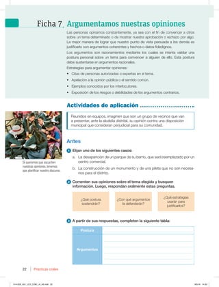 22 Prácticas orales
22
Actividades de aplicación
3FVOJEPTFOFRVJQPT JNBHJOFORVFTPOVOHSVQPEFWFDJOPTRVFWBO
a presentar, ante la alcaldía distrital, su opinión contra una disposición
municipal que consideran perjudicial para su comunidad.
Antes
1 Elijan uno de los siguientes casos:
a. La desaparición de un parque de su barrio, que será reemplazado por un
centro comercial.
b. La construcción de un monumento y de una pileta que no son necesa-
rios para el distrito.
2 Comenten sus opiniones sobre el tema elegido y busquen
información. Luego, respondan oralmente estas preguntas.
¿Qué postura
sostendrán?
¿Con qué argumentos
la defenderán?
¿Qué estrategias
usarán para
justificarlos?
3 A partir de sus respuestas, completen la siguiente tabla:
Postura ___________________________________________
Argumentos
___________________________________________
___________________________________________
___________________________________________
___________________________________________
Las personas opinamos constantemente, ya sea con el fin de convencer a otros
TPCSFVOUFNBEFUFSNJOBEPPEFNPTUSBSOVFTUSBBQSPCBDJØOPSFDIB[PQPSBMHP
La mejor manera de lograr que nuestro punto de vista persuada a los demás es
KVTUJGJDBSMPDPOBSHVNFOUPTDPIFSFOUFTZIFDIPTPEBUPTGJEFEJHOPT
Los argumentos son razonamientos mediante los cuales se intenta validar una
postura personal sobre un tema para convencer a alguien de ello. Esta postura
debe sustentarse en argumentos racionales.
Estrategias para argumentar opiniones:
t Citas de personas autorizadas o expertas en el tema.
t Apelación a la opinión pública o el sentido común.
t Ejemplos conocidos por los interlocutores.
t Exposición de los riesgos o debilidades de los argumentos contrarios.
Si queremos que escuchen
nuestras opiniones, tenemos
que planificar nuestro discurso.
Argumentamos nuestras opiniones
Ficha 7
014-029_U01_LICI_COM_LA_4S.indd 22 9/5/16 14:33
 