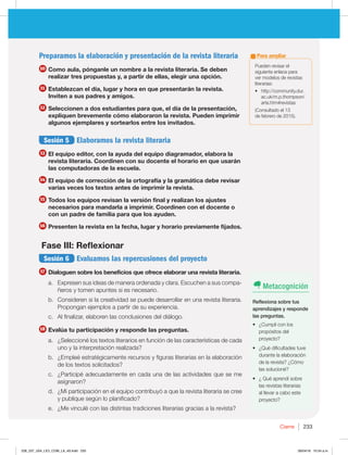 Cierre 233
Preparamos la elaboración y presentación de la revista literaria
10 Como aula, pónganle un nombre a la revista literaria. Se deben
realizar tres propuestas y, a partir de ellas, elegir una opción.
11 Establezcan el día, lugar y hora en que presentarán la revista.
Inviten a sus padres y amigos.
12 Seleccionen a dos estudiantes para que, el día de la presentación,
expliquen brevemente cómo elaboraron la revista. Pueden imprimir
algunos ejemplares y sortearlos entre los invitados.
Sesión 5 Elaboramos la revista literaria
13 El equipo editor, con la ayuda del equipo diagramador, elabora la
revista literaria. Coordinen con su docente el horario en que usarán
las computadoras de la escuela.
14 El equipo de corrección de la ortografía y la gramática debe revisar
varias veces los textos antes de imprimir la revista.
15 Todos los equipos revisan la versión final y realizan los ajustes
necesarios para mandarla a imprimir. Coordinen con el docente o
con un padre de familia para que los ayuden.
16 Presenten la revista en la fecha, lugar y horario previamente fijados.
Fase III: Reflexionar
Sesión 6 Evaluamos las repercusiones del proyecto
17 Dialoguen sobre los beneficios que ofrece elaborar una revista literaria.
a. Expresen sus ideas de manera ordenada y clara. Escuchen a sus compa-
ñeros y tomen apuntes si es necesario.
b. Consideren si la creatividad se puede desarrollar en una revista literaria.
Propongan ejemplos a partir de su experiencia.
c. Al finalizar, elaboren las conclusiones del diálogo.
18 Evalúa tu participación y responde las preguntas.
a. ¿Seleccioné los textos literarios en función de las características de cada
uno y la interpretación realizada?
b. ¿Empleé estratégicamente recursos y figuras literarias en la elaboración
de los textos solicitados?
c. ¿Participé adecuadamente en cada una de las actividades que se me
asignaron?
d. ¿Mi participación en el equipo contribuyó a que la revista literaria se cree
y publique según lo planificado?
e. ¿Me vinculé con las distintas tradiciones literarias gracias a la revista?
Pueden revisar el
siguiente enlace para
ver modelos de revistas
literarias:
t IUUQDPNNVOJUZEVS
BDVLNQUIPNQTPO
arte.htm#revistas
(Consultado el 13
de febrero de 2015).
Para ampliar
Metacognición
Reflexiona sobre tus
aprendizajes y responde
las preguntas.
t {$VNQMÓDPOMPT
propósitos del
proyecto?
t {2VÏEJGJDVMUBEFTUVWF
durante la elaboración
de la revista? ¿Cómo
las solucioné?
t {2VÏBQSFOEÓTPCSF
las revistas literarias
al llevar a cabo este
proyecto?
228_237_U04_LICI_COM_LA_4S.indd 233 26/04/16 10:54 a.m.
 