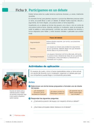 26 Prácticas orales
26
En equipos de cuatro, como si fueran especialistas sobre un tema actual,
con ayuda del docente como moderador, organicen un debate para que
sus compañeros puedan llegar a conclusiones personales.
Antes
1 Seleccionen uno de los temas propuestos o formulen uno de interés
del equipo.
¿Es necesaria la
formación de los
escolares en finanzas?
{4FEFCFOQSPIJCJSMPT
videojuegos violentos?
{4FBQSFOEFNÈTFO
clases presenciales
que virtuales?
2 Respondan las siguientes preguntas:
a. ¿Cuál será la posición del equipo con respecto al tema a debatir?
_____________________________________________________________
b. ¿Qué ideas principales deben destacar en el debate?
_____________________________________________________________
_____________________________________________________________
Actividades de aplicación
Existen temas sobre los cuales tenemos opiniones diversas y, a veces, totalmente
opuestas.
En el ámbito formal, para plantear, exponer o conocer las diferentes posturas sobre
un tema, se puede llevar a cabo un debate. El debate implica exponer, discutir y
argumentar, de modo dirigido, una postura sobre un tema específico.
6TVBMNFOUF FOVOEFCBUFTFGPSNBOEPTHSVQPTVOPBGBWPSZPUSPFODPOUSBEF
una postura sobre el tema. Además, participa un moderador, quien se encarga de
ceder la palabra a cada participante, controlar que estos respeten los tiempos y
UVSOPTBTJHOBEPTQBSBIBCMBS ZFWJUBSFYDFTPTWFSCBMFTPHFTUVBMFTRVFQVFEBO
surgir.
Fases del debate
Argumentación
Ambos equipos exponen, por turnos, sus posiciones
sobre el tema.
3FVOJØO
Los equipos se reúnen para analizar los argumentos
de sus opositores. Deberán elegir a los que refutarán
EJDIBTJEFBTFOMBQSØYJNBSPOEB
Contraargumentación
Los equipos intervienen de forma alternada, afirmando
su postura inicial, refutando las ideas de sus oponentes
y sintetizando, antes de finalizar su intervención, lo
expresado por su grupo.
Escuchar de manera activa y
sostenida durante un debate
nos permitirá comprender mejor
lo que nuestros compañeros
quieren expresar.
Participamos en un debate
Ficha 9
014-029_U01_LICI_COM_LA_4S.indd 26 9/5/16 14:33
 